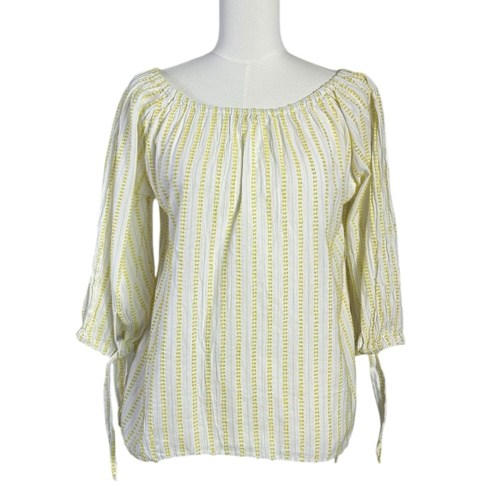 Ann Mashburn Embroidered Boat Neck Bohemian Top Size Large White Yellow